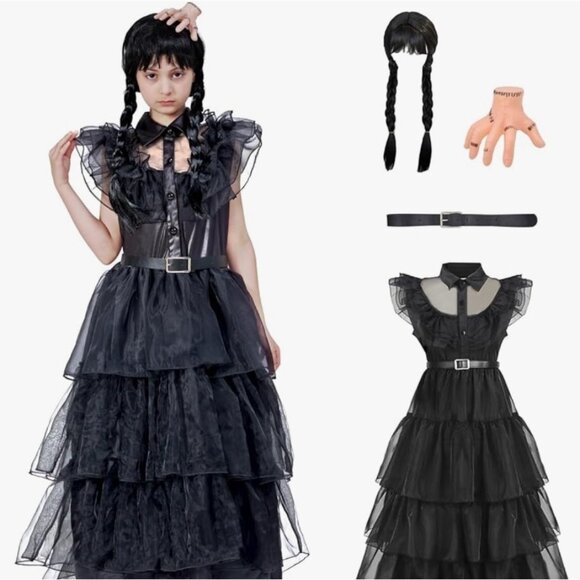 Halloween Addams Girl Costume Set With Wig & Belt For Kids 12-14 - Picture 3 of 3
